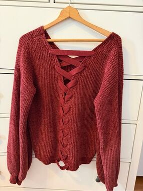 Willow & Clay Lace-Up Back Sweater - Burgundy
